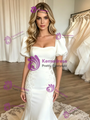 White Mermaid Square Neck Puff Sleve Appliques Wedding Dress