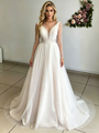 Beige White Tulle Long Sleeve Wedding Dress