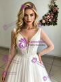 Beige White Tulle Long Sleeve Wedding Dress