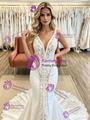 White Mermaid V-neck Appliques Wedding Dress