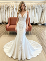 White Mermaid V-neck Appliques Wedding Dress