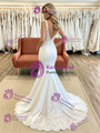 White Mermaid V-neck Appliques Wedding Dress