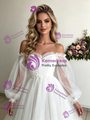 White Tulle Long Sleeve Pleats Wedding Dress