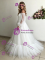 White Tulle Long Sleeve Pleats Wedding Dress