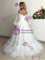 White Tulle Long Sleeve Pleats Wedding Dress