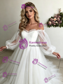 White Tulle Long Sleeve Pleats Wedding Dress