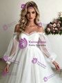 White Tulle Long Sleeve Pleats Wedding Dress