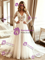 Beige White Tulle Lace Long Sleeve Wedding Dress