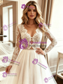 Beige White Tulle Lace Long Sleeve Wedding Dress
