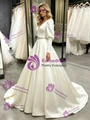 Beige White Satin Long Sleeve Wedding Dress