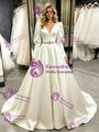 Beige White Satin Long Sleeve Wedding Dress