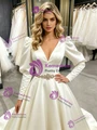 Beige White Satin Long Sleeve Wedding Dress