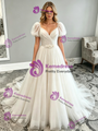 White Tulle Puff Sleeve Pleats Wedding Dress