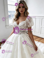 White Tulle Lace Puff Sleeve Wedding Dress