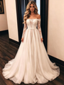 Simple White Tulle Lace Long Sleeve Wedding Dress