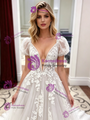 White Tulle Lace Puff Sleeve Appliques Wedding Dress
