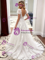 White Tulle Lace Puff Sleeve Appliques Wedding Dress