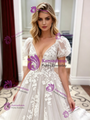 White Tulle Lace Puff Sleeve Appliques Wedding Dress