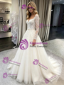 White Tulle Long Sleeve Appliques Wedding Dress