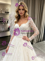 White Tulle Long Sleeve Appliques Wedding Dress
