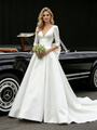 White Satin 3/4 Sleeve V-neck Wedding Dress