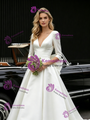 White Satin 3/4 Sleeve V-neck Wedding Dress
