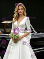 White Satin 3/4 Sleeve V-neck Wedding Dress