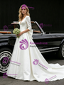 White Satin 3/4 Sleeve V-neck Wedding Dress