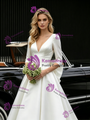 White Satin 3/4 Sleeve V-neck Wedding Dress