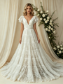 White Lace V-neck Puff Sleeve Wedding Dress