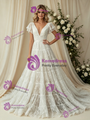 White Lace V-neck Puff Sleeve Wedding Dress