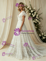 White Lace V-neck Puff Sleeve Wedding Dress