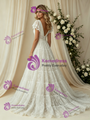 White Lace V-neck Puff Sleeve Wedding Dress