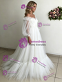White Tulle Long Sleeve Pleats Wedding Dress