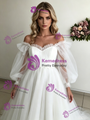 White Tulle Long Sleeve Pleats Wedding Dress