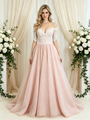Pink Tulle Off the Shoulder Short Sleeve Wedding Dress