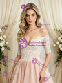 Pink Tulle Off the Shoulder Short Sleeve Wedding Dress