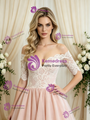 Pink Tulle Off the Shoulder Short Sleeve Wedding Dress