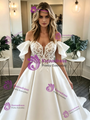 White Satin Lace Off the Shoulder Wedding Dress