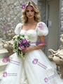 Beige White Tulle Puff Sleeve Lace Wedding Dress