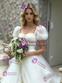 Beige White Tulle Puff Sleeve Lace Wedding Dress