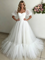 White Tulle Puff Sleeve Pleats Wedding Dress