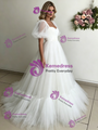 White Tulle Puff Sleeve Pleats Wedding Dress