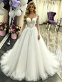 White Tulle Long Sleeve Appliques Wedding Dress