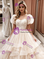 Champagne Tulle Lace Puff Sleeve Wedding Dress