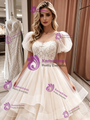 Champagne Tulle Lace Puff Sleeve Wedding Dress