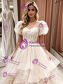 Champagne Tulle Lace Puff Sleeve Wedding Dress