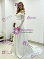 White Chiffon Long Sleeve Beading Pleats Wedding Dress