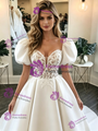 White Saton Puff Sleeve Lace Wedding Dress