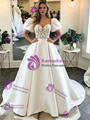 White Saton Puff Sleeve Lace Wedding Dress